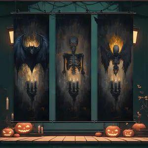 Scary Hanging Banner, 3 Counts/set Dark Skeleton Poster, Scary Skeleton Wall Art, Festive Posters, Fun Yard Decorations, Room Wall Decor