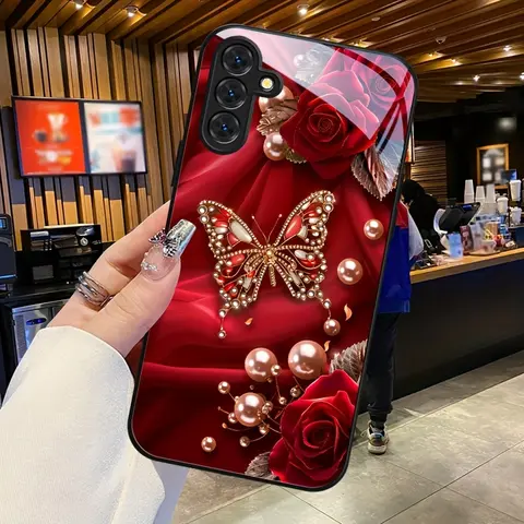 TPU Full-Coverage Protective Smartphone Case with Shimmering Red Rose & Butterflies Design - Drop Protection, Slip Resistant, Non-Slip, Multi-Model Fit for iPhone 18Pro，17,16,15,14,13,12,11,XS,X & Select Samsung Devices (Includes Tempered Glass)