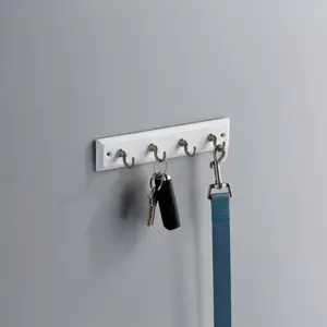 Brass Key Hook Rail Wall Hooks 4 Hooks, 9", White and Satin Nickel Finish