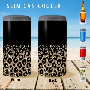 1pc/12oz/350ml,Slim Can Cooler,Insulators,Insulated Cups,Doucle-Walled Stainless Steel Insulated Slim Cans,2-in-1 Insulated Can Cooler Cup,Black and Gold Leopard Print Design,Birthday And Christmas Gifts For Family And Friends,Drinkware