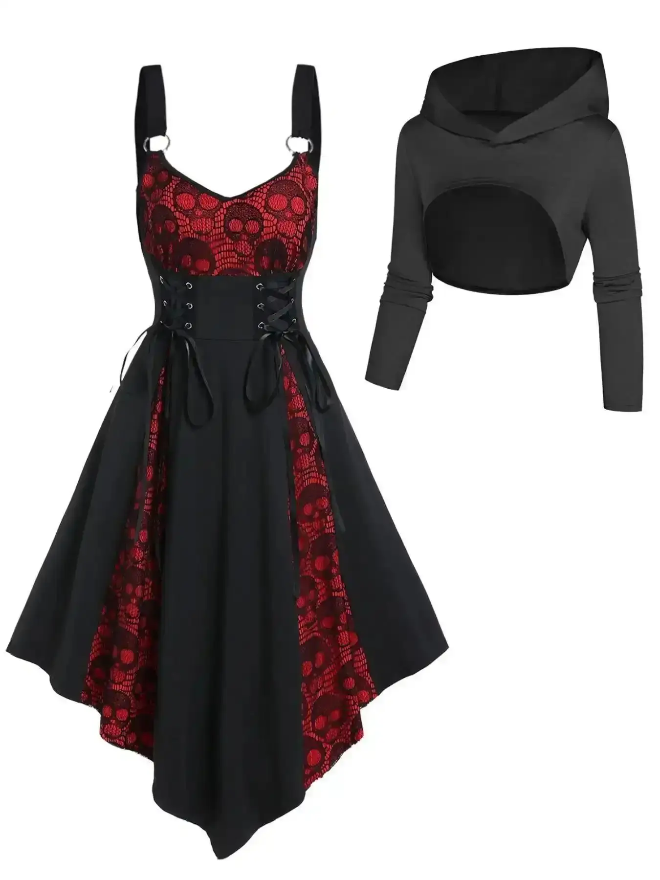 Fashionable Women's Solid Crop Hooded Top and Skull Print Asymmetrical Hem Dress Two-piece Set, Casual Fashion Cozy Two Piece Outfits Womenswear for Daily Outdoor Wear, Gives a Pulled Together Look Without Effort