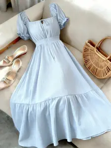 Spring Summer New French Waist Cinching Elegant Light Blue Bubble Sleeve A-Line Commuter Vacation Comfort Dress