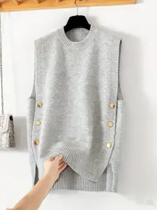 Plus Size Women's Spring Summer Solid Color Round Neck Casual Basic Fit Vest, Side Button Decoration, Sleeveless Clothing Knit Top Womenswear for Everyday & Holiday