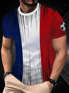 Men's Flag Colorblock Short Sleeve T-Shirt, Football Stadium Round Neck Design, Summer Field Wear, Casual Daily Sport Tee