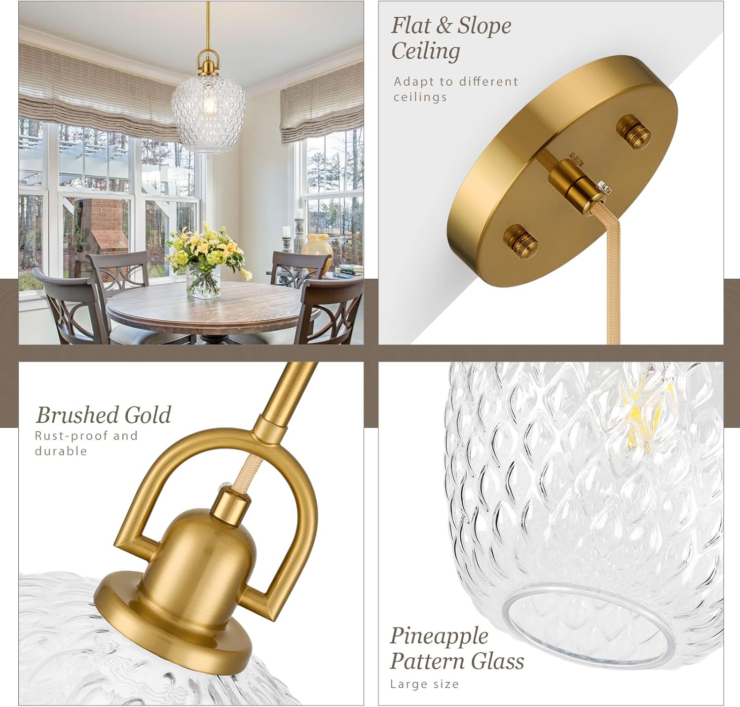 Brushed Gold Pendant Lights Kitchen Island, 10" Large Glass Pendant Light with Hammered Glass Modern Hanging Lighting Fixtures for Kitchen Island Dining Room Entryway Foyer