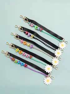 New PU Leather Short Strap Replacement Phone Case Chain, Creative Acrylic Letter Design with Daisy, Versatile and Stylish Accessory