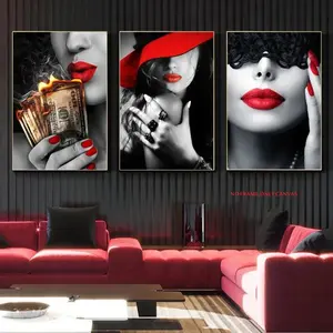 3-Piece Set, Red Lips Sexy Lady Canvas Art Trendy Girl Mural Modern Home Decoration Painting Living Room Wall Art Frameless