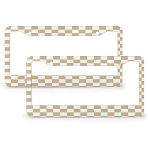 White and Tan Brown Checkerboard License Plate Frame - 2 Pack Aluminum Classic License Plate Holder Cover  Auto Parts Decoration with Screws 2 Holes, 12.2x6.3 inch ﻿