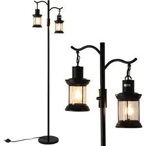 Dimmable Floor Lamp,2 Classical Lanterns Standing Lamp, Rustic Farmhouse Floor Lamp with Black Finish, for Living Room Bedroom (Black)