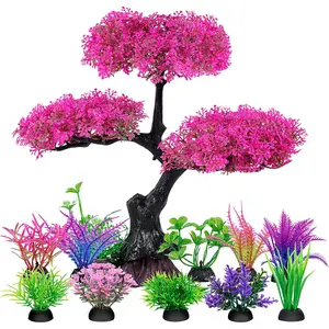 Aquarium Artificial Plastic Plants Decoration, Pink Cherry Blossom Tree Aquarium Decor Set, Goldfish Betta Fish Tank Decorations Hides Accessories(Pink