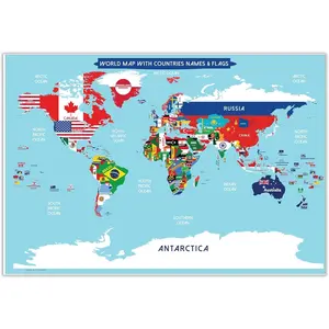 World Map Poster with Countries FLAGS For  (SMALL size13x19 World Map Laminated)  World wall Map for School classroom or