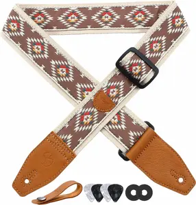 Guitar Strap 2 inch Embroidery Cotton Guitar Straps with Full Grain Leather End, for Bass, Electric and Acoustic Guitars, Free Strap Button, Strap Locks and Guitar Picks
