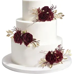 3PCS Burgundy Cake Flowers Wedding Cake Topper Flowers for Cake Decorating Floral Cake Decorations for Wedding Anniversary Birthday Party Home Decor (Burgundy)