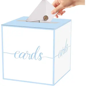 Card Box for Party; Box for Cards with Blue Trim; Ballot Box for Baby Shower, Gender Reveal Party, Wedding, Bridal Shower, Birthday; Envelope Boxes for Party