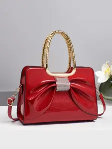 Luxury New Fashion Butterfly Knot Patent Leather Rhinestone Shoulder Crossbody Handbag, Elegant Rhinestone Bag, Versatile Bag for Middle-Aged Moms
