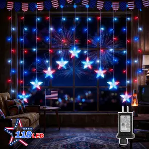 4th of July Patriotic StarLED Curtain Lights,red White and Blue Curtain String Lights,11.5ft 118LED Waterproof 8 Modes with Independence Day Decorations Window Lights for Outdoor Indoor