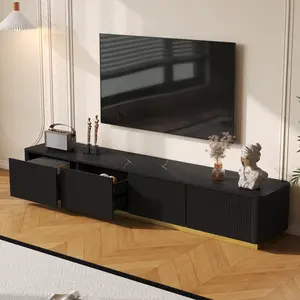 [SOIYELIFE] ON-TREND Luxury Fluted TV Stand for TVs Up to 85", Faux Marble Tabletop Media Console with 4 Drawers, Curved Profile Design, Modern Entertainment Center with Gold Base for Living Room, Black Cool furniture