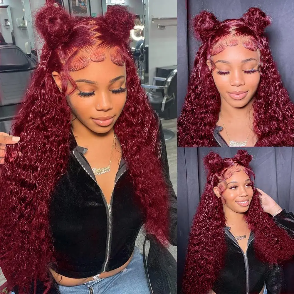 360 99j Burgundy Lace Front Wig Human Hair 180% Density Hidden Straps Deep Wave Wigs with Drawstring 360 Full Lace Wig for Women Pre Plucked With Baby Hair Wet and Wavy Human Hair Wig 30 Inch