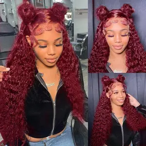 360 99j Burgundy Lace Front Wig Human Hair 250% Density Hidden Straps Deep Wave Wigs with Drawstring 360 Full Lace Wig for Women Pre Plucked With Baby Hair Wet and Wavy Human Hair Wig 30 Inch