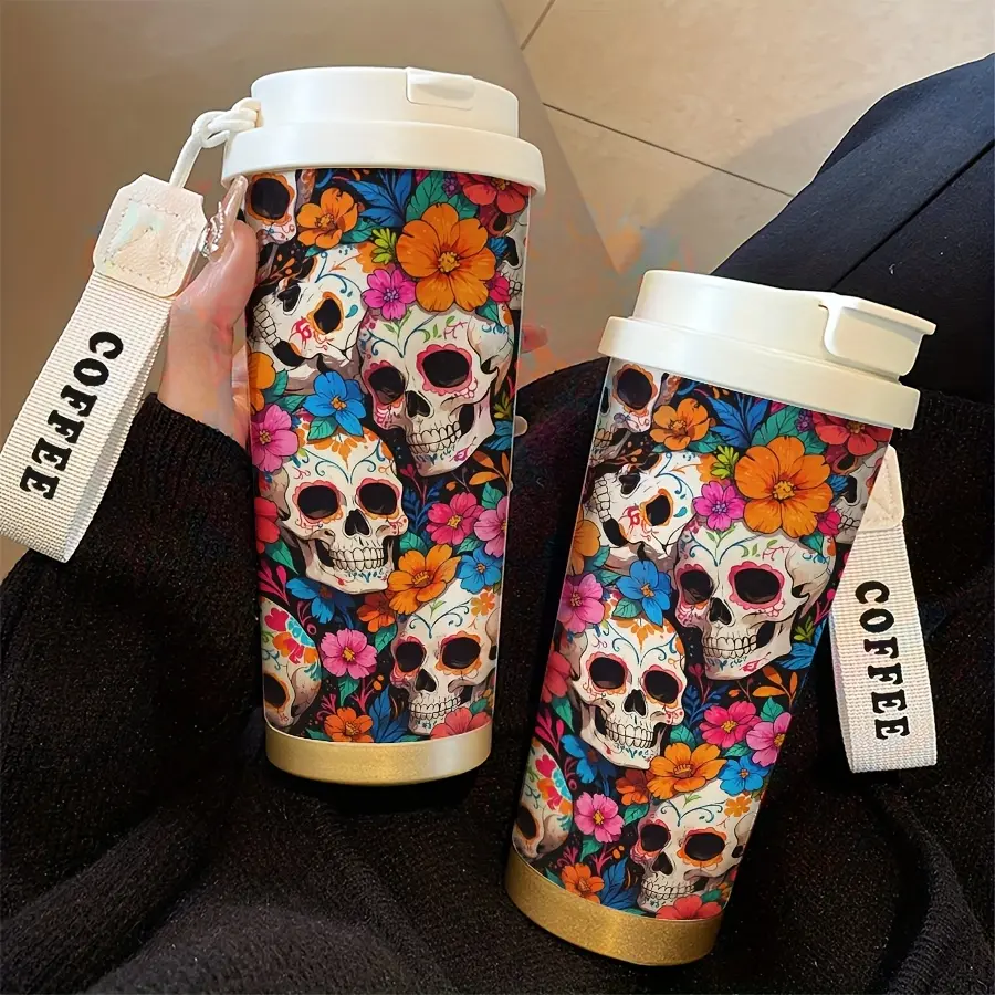 18oz Insulated Vacuum Flask Tumbler, Floral Skull Design Kitchenware Drinkware, Dual-Purpose for Hot/Cold Drinks, Portable for Office, Home Use, Flasks