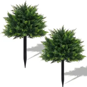 2pcs  Large Artificial Cedar Shrubs with Ground Spikes - Uv-Resistant Faux Cypress/Pine Shrubs, Suitable for Outdoor And Indoor Porch Garden Decoration, Perfect for Halloween, Christmas, Thanksgiving, Year-Round Holiday Decor, Outdoor Decoration