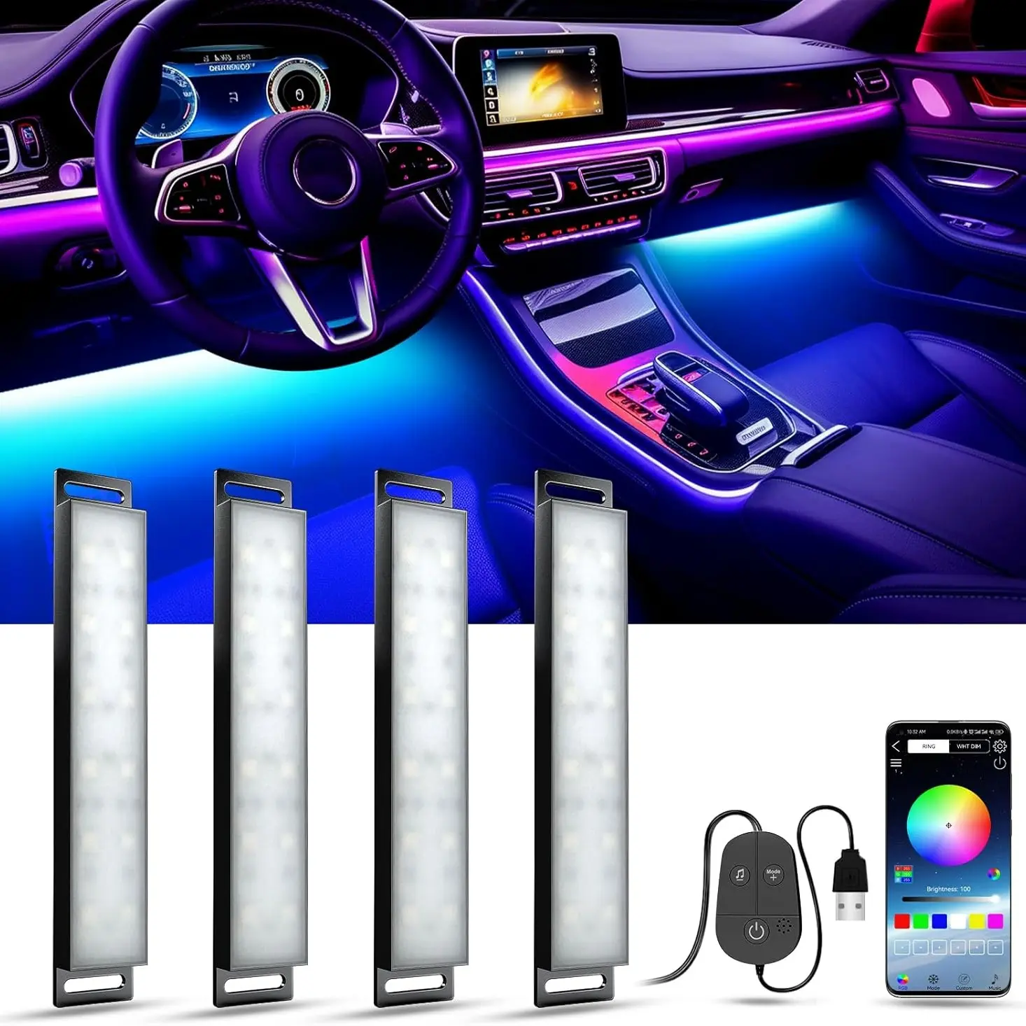 YiLaie Car Led, Auto Decorative Light, Car Decorative Light, Interior RGB LED Light Bar with App Control Music Sync Color Changing LED Strip Lights Car Ambient Light with Cigarette Charger DC 12V & USB Charger DC5V Car Lighting Accessories