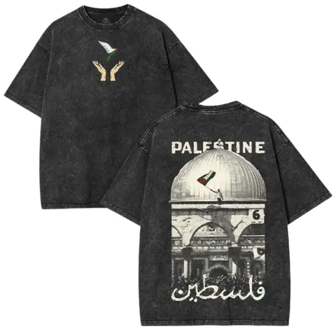 BACK TO SCHOOLMen's Palestine Freedom Vintage Oversized Round Neck Heavy Cotton Short-Sleeve Shirt - Double-Sided Washed, Hope Graphic, Figure Print, Solidarity Retro Streetwear, Limited Drop, Distressed Casual, Festive Father's Day Gift, Unisex Menswear,