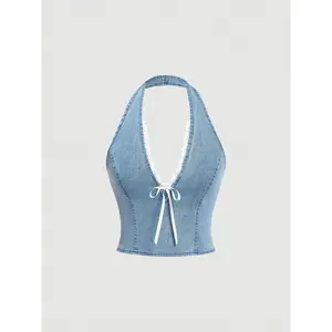 Women's Y2K Light Wash Denim Halter Top, Vintage Lace Trim V Neck Backless Crop Top, Summer Sleeveless Tie Front Camisole for Casual Streetwear233