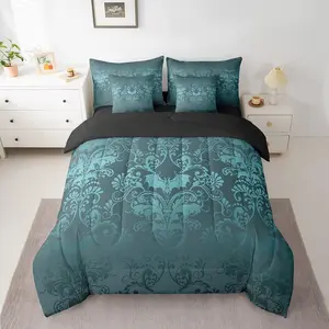 Gothic Damask 7 Piece Bed in a Bag,Halloween Bat Bedding Sets,Turquoise Victorian Floral Goth Sheet Set with Comforter