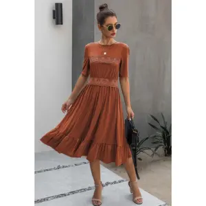 Stacey B's Round Neck Lace Detail Ruffle Hem Midi Dress