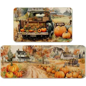 Fall Kitchen Mats - Harvest Kitchen Rug - Vintage Farmhouse Pumpkin Truck Fall Decorations for Home - Flooring - Non-woven 2D Printing, Rubber Non-Slip Bottom Dark Pumpkin Head Absorbent Mats