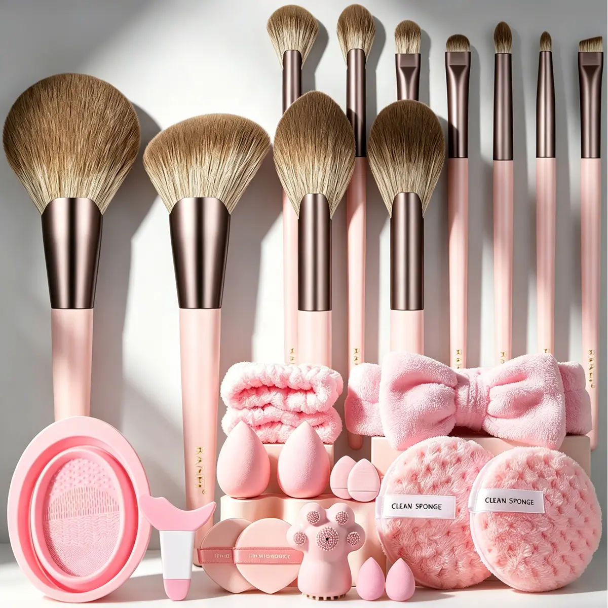 Makeup Brush Set Soft Synthetic Face Eye Detail Brushes All‑In‑One Beauty Kit With Pink Beauty Sponges Powder Puffs Plush Bow Hair Accessories Paw‑Shape Silicone Brush Cleaner Eye Lash Tool Makeup Washing Bowl Makeup Tools For Beginners Daily Travel