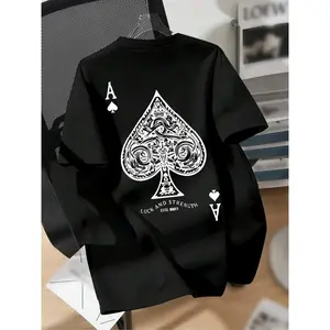 Men's Ace Of Spades Print Short Sleeve T-Shirt, Casual Regular Fit Crew Neck Tee, Comfy All-Match Summer Daily Wear