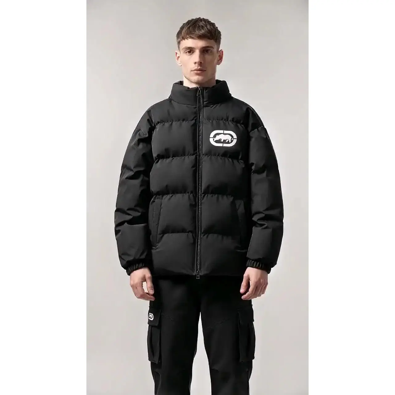 Hip‑Hop Streetwear Men Winter Puffer Jacket Ecko Unltd Rhino Graphic Stand‑collar Zip‑up Thick Warm Loose Fit Casual Outer Coat