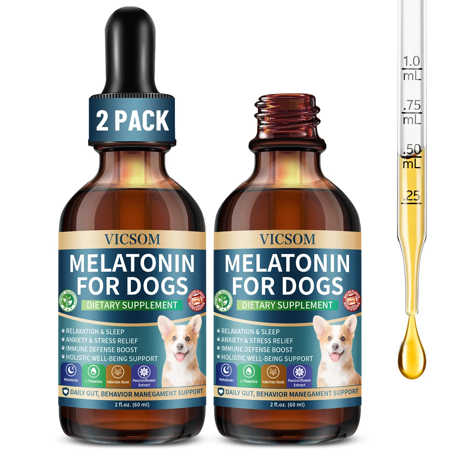 VICSOM Melatonin Drops for Dogs, Liquid Calming Supplement with L-Theanine, Valerian Root & Passionflower, Relaxation & Bedtime Routine Support for Small, Medium & Large Dogs, 60 ml