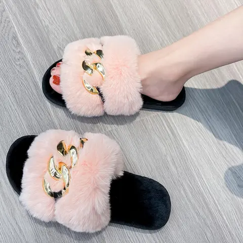 Women's Fashionable Chain Design Slippers, Casual Comfortable Home Slippers, Warm Slippers for Indoor & Outdoor Use for Fall & Winter, House Slipper