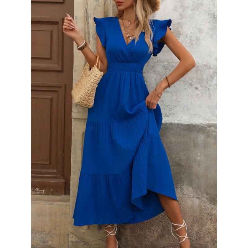 SHEIN Clasi Women Summer Solid Color V-Neck Cap Sleeve Waist Elastic Hem Elegant Dress With Ruffle Hem Maxi Women Outfit