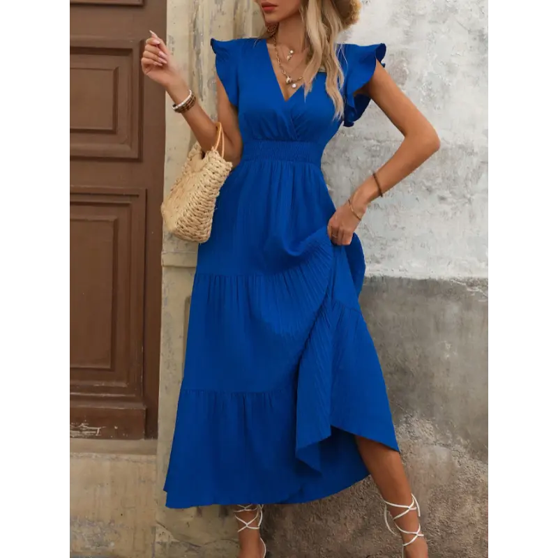 SHEIN Clasi Women Summer Solid Color V-Neck Cap Sleeve Waist Elastic Hem Elegant Dress With Ruffle Hem Maxi Women Outfit