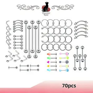 70-Piece Hypoallergenic Stainless Steel Body Piercing Kit - Versatile Jewelry Combo Including L-Shape Nose Studs, Straight Cartilage Bars, Horseshoe Rings, Colorful Replacement Tops
