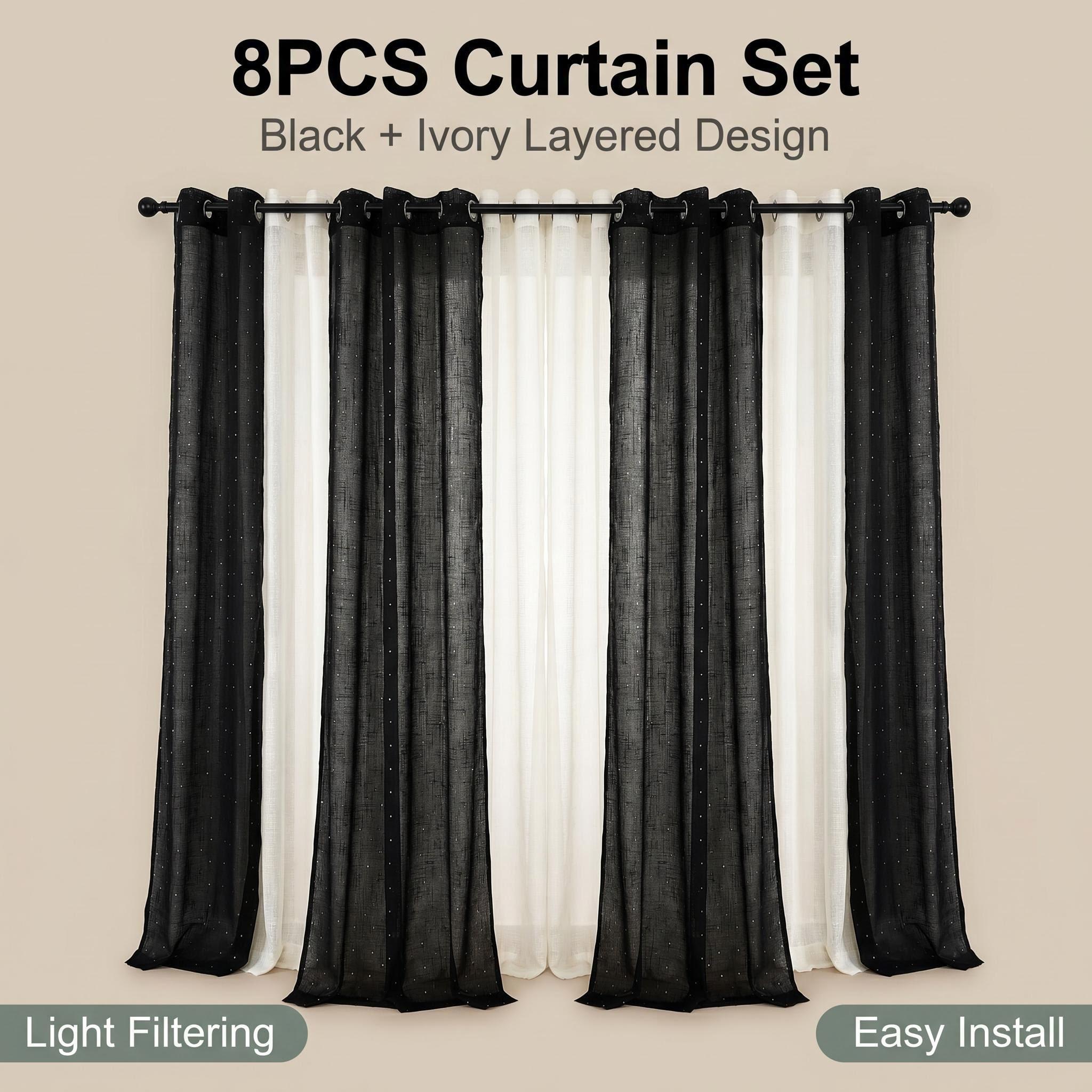 Curtain Club 8 Panels 34X84 Inch Diamond Beaded Twill + Full-Length Chiffon Curtain Set. Each style contains 4 pieces. All are plain chiffon fabric, translucent, with iron rings, woven, rod type, FT2930 + L12