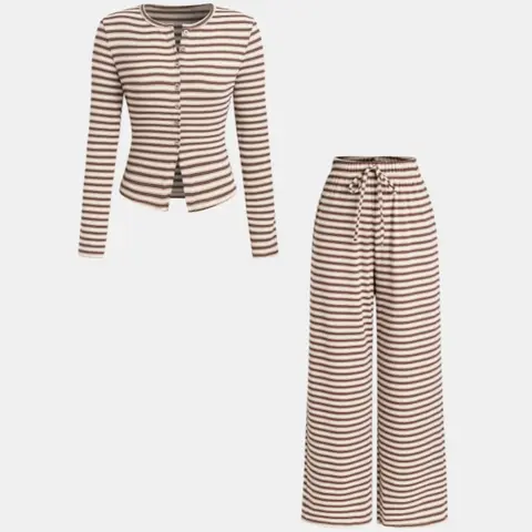 Women's 2-Piece Striped Wide Leg Pants and Long Sleeve Knit Cardigan Set, Casual Everyday Set, Comfort and Fashion Outfits Perfect for Spring & Fall