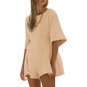 PiePieBuy Women's Soft Oversized Ribbed Rompers - 2026 Spring-Summer Casual Short-Sleeve Crew Neck Breathable Loose Jumpsuits with Pocket, Basic Sporty Dress-Style Garment for Day Wear & Maternity Use