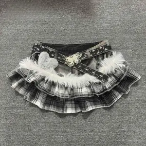 Hot Girl Aesthetic Darkly Short Skirt Gothic Grey Patchwork Plaid Cowboy Skirts Women Design High Street Vintage A-line Outfits