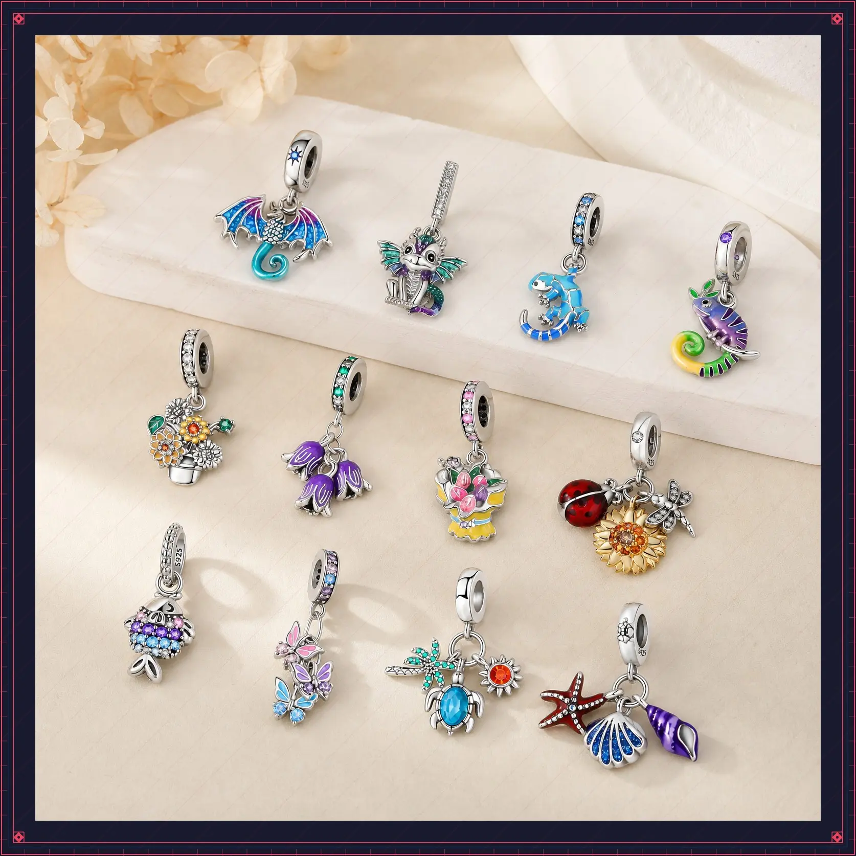 MULA 2-Piece Animal and Plant Charms, Silver-Plated Zircon Dainty Jewelry for Women's Charm Bracelet or Necklace, Nature-Themed Accessory, Animals, Bracelet Accessory, Gift, Durability