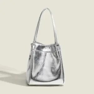 Silver Bucket Bag for Women Fashionable and Simple Lunch Box Bag Niche Western-style Texture Hand-held Small Bag