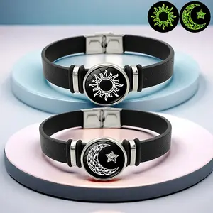 Glow in the Dark Sun & Moon Couple Bracelet Set Faux Leather Magnetic Clasp Bracelets for Couples Best Friends Great Gift for Valentine's Day Birthday Fashion Rhinestone Bangle Accessories