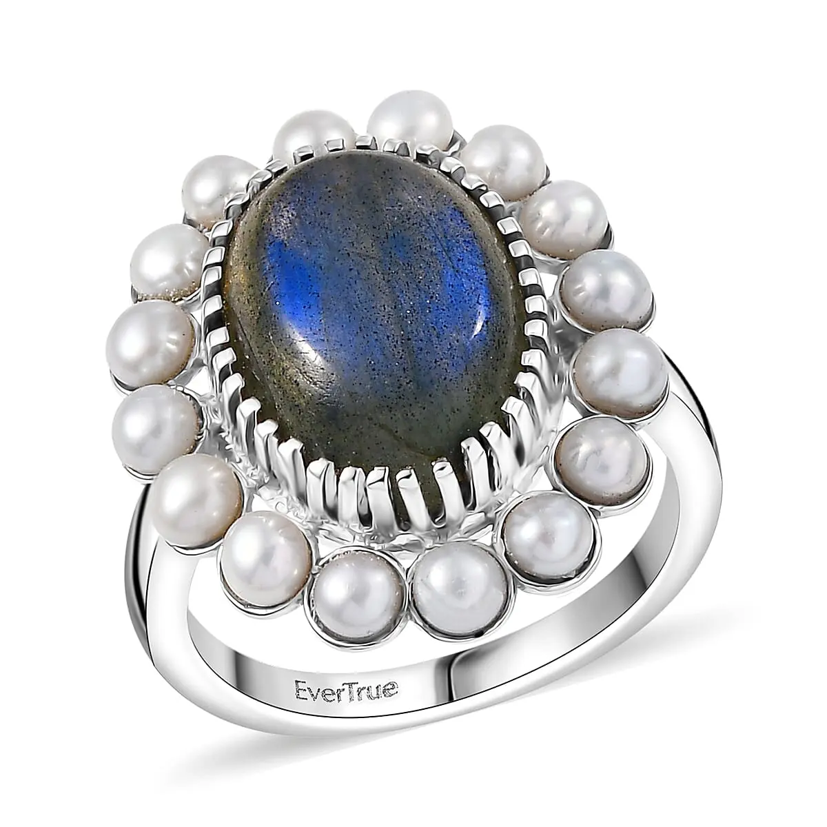 EverTrue AAA Malagasy Labradorite, Pearl Ring Platinum Bond (Size 10.0) 6.30 ctw