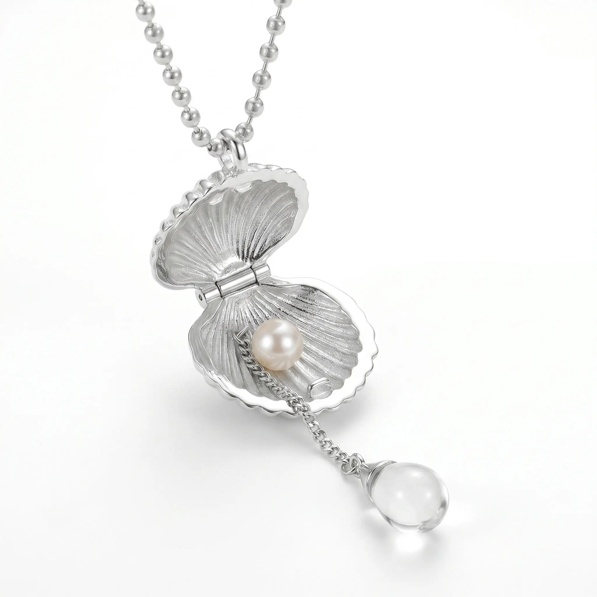 Silver-Plated Openable Seashell Locket Pearl Necklace for Female - Coastal Teardrop Charm Jewelry with Hidden Freshwater Pearl, Smooth Finish, 17.7in(45cm) Chain, 5cm Extension, Adjustable Daily Accessory, Unique Gift for Her (Anniversary, Birthday), Pear