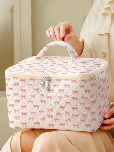 1 piece of portable travel cosmetic bag, brush and accessory organizer with 2D printed pink bow pattern, storage box toolbox, large capacity travel toiletry storage bag, cute and fashionable makeup bag