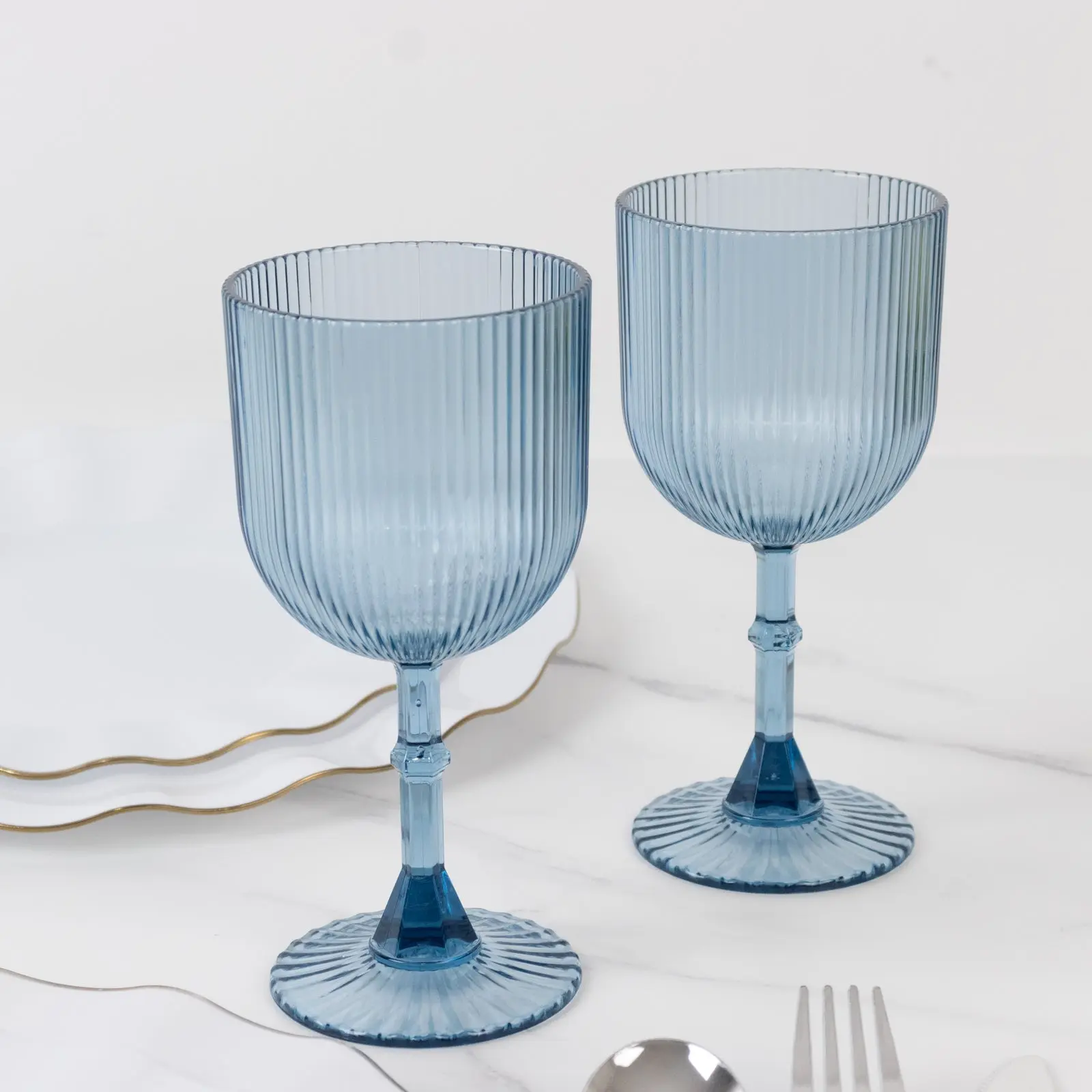 12-Pack Shatterproof Dusty Blue Plastic Wine Glasses 9oz - Vintage Ribbed, Durable Transparent Reusable Goblets for Birthday, Dining